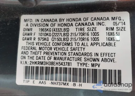 2014 Honda Cr-V Lx z USA, uszkodzony, nr VIN 2HKRM3H38EH543781